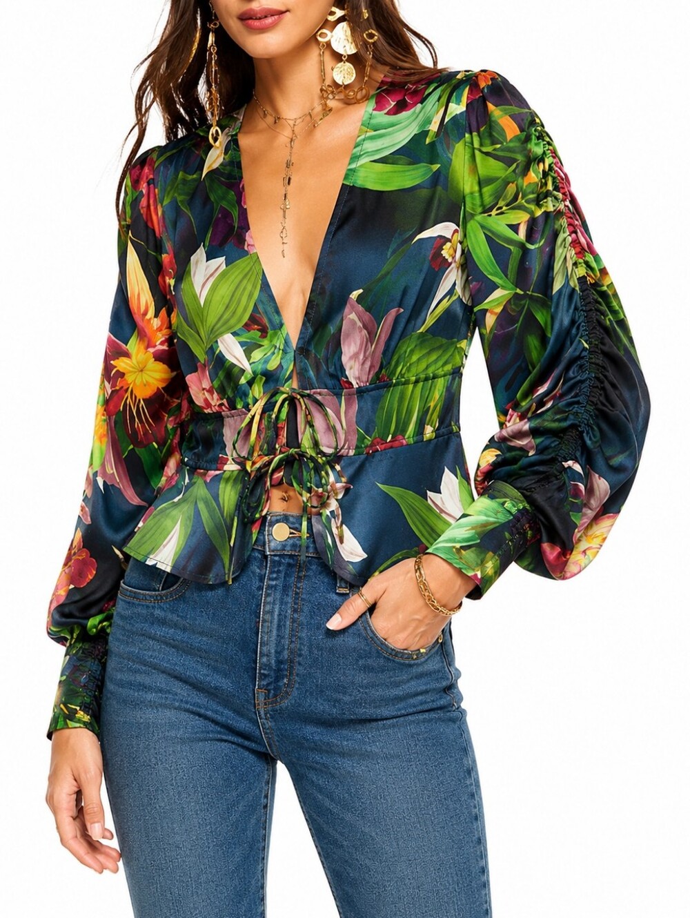 GUESS Faye Floral Tie Front V-Neck Blouse M